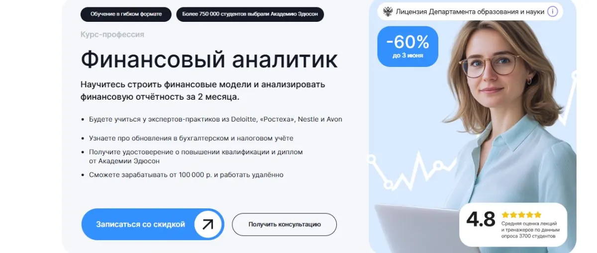 Скриншот подтверждения применения купона Курс “Финансовый аналитик” со скидкой 65%