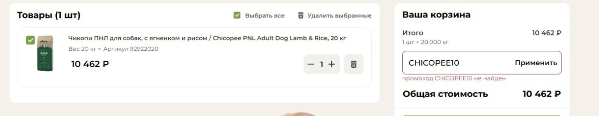 Скриншот подтверждения применения купона CHICOPEE10