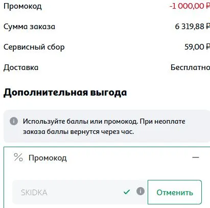 Скриншот подтверждения применения купона SKIDKA