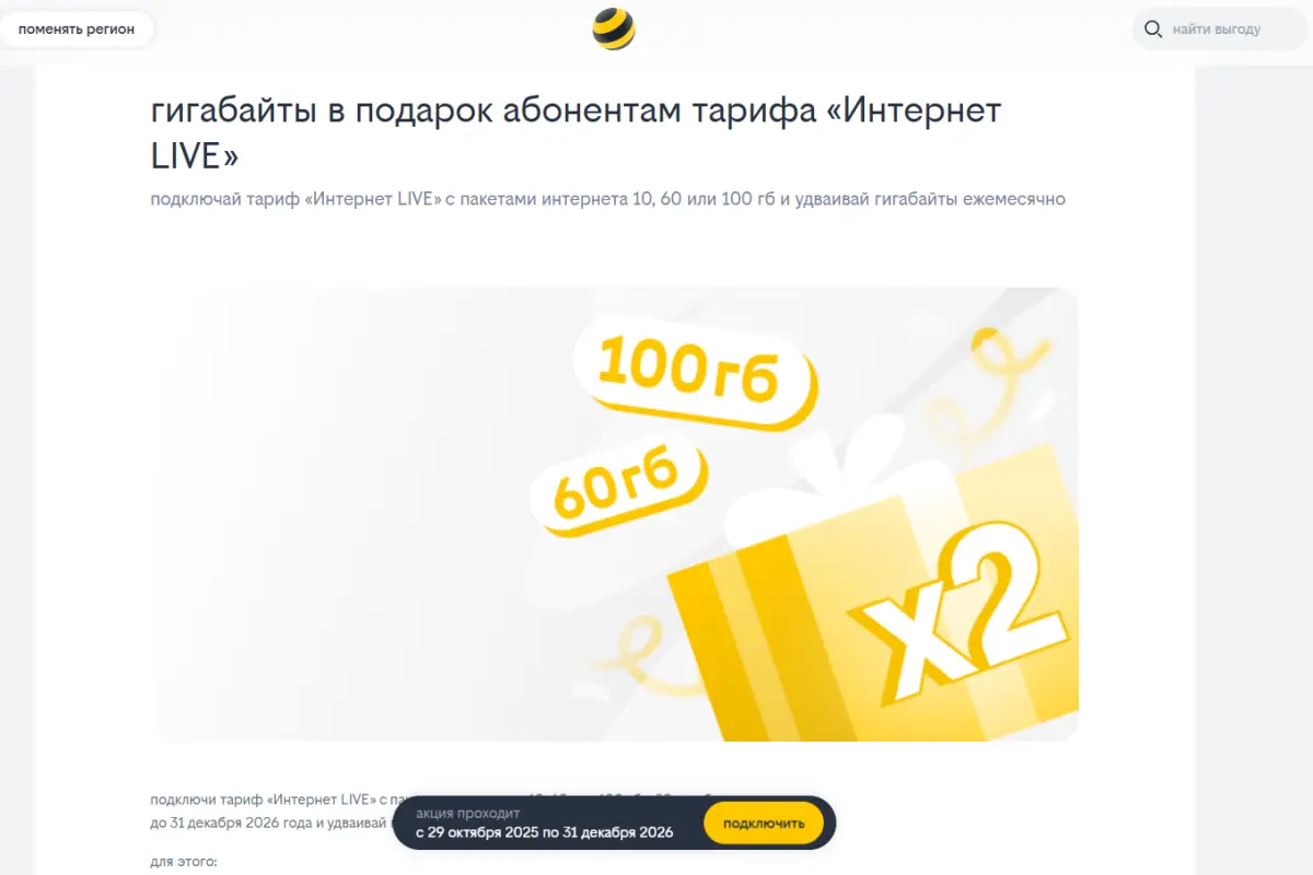 Скриншот подтверждения применения купона Гигабайты в подарок абонентам тарифа «Интернет LIVE»