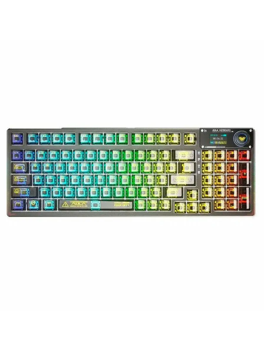 Механическая клавиатура AULA F98 Pro V3 Black Transparent, 96%, BT/2.4G/USB-C, экран, 10000 мАч + 423 балла