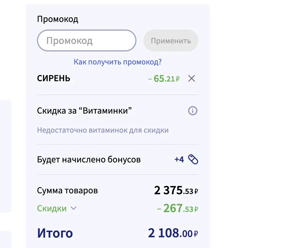 Скриншот подтверждения применения купона СИРЕНЬ