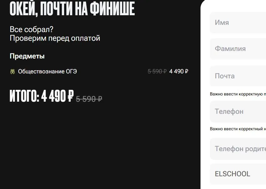 Скриншот подтверждения применения купона ELSCHOOL