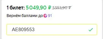 Скриншот подтверждения применения купона AE809553