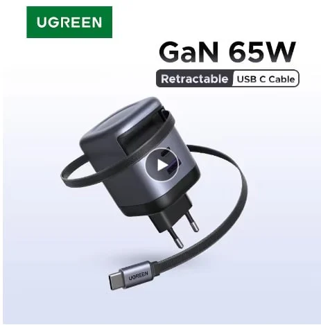 Зарядное устройство UGREEN GaN 65 Вт с выдвижным кабелем USB-C