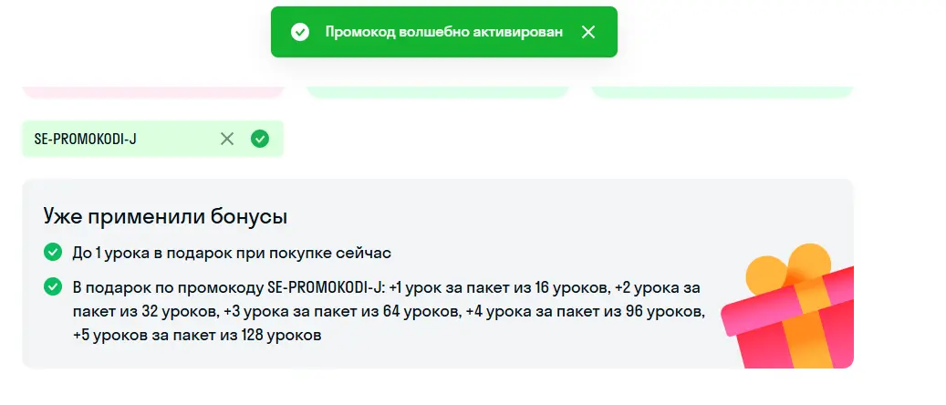 Скриншот подтверждения применения купона SE-PROMOKODI-J