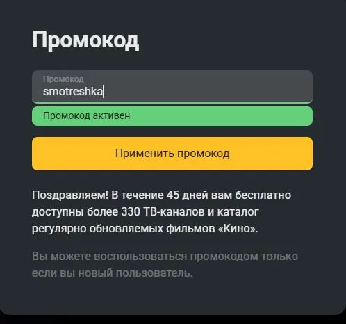 Скриншот подтверждения применения купона smotreshka