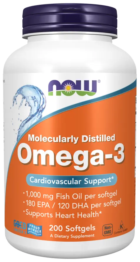 Добавка NOW Omega-3 капс., 1000 мг, 180 мл, 1.4 г, 200 шт.