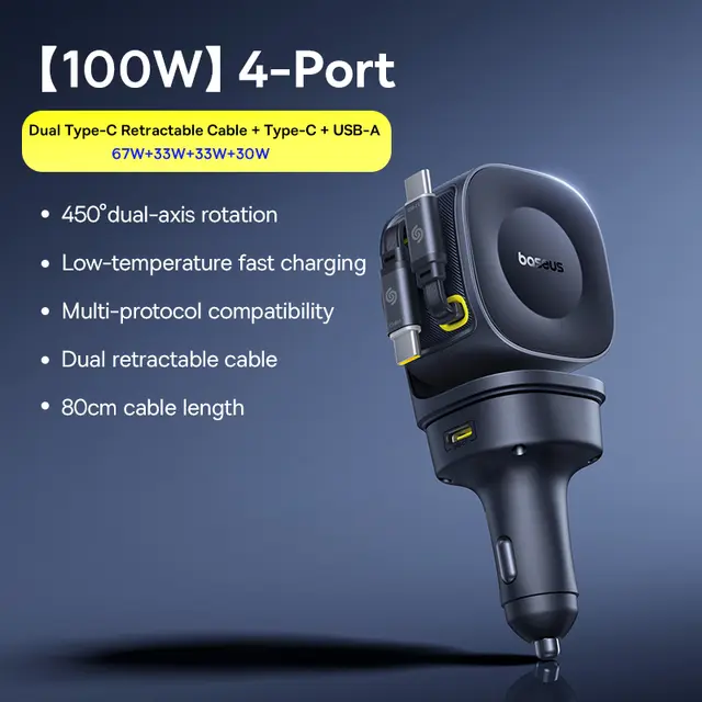 Автомобильное зарядное устройство Baseus 30W 100W 240W с выдвижным кабелем, двойным USB-C (Type-C), быстрой зарядкой 360° ° Ротационный меха
