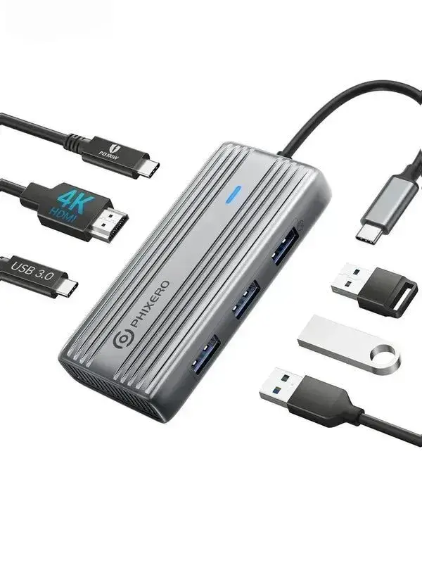 USB-C хаб 6-в-1 PHIXERO 4K 30Hz HDMI, с PD зарядкой 100W, 3xUSB-A и USB-C портами 5 Гбит/с